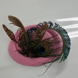 Pink Hat with Feather Accents fascinator great for tea parties